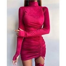 Yeşil Sarmaşık Kadın Uzun Kollu Balıkçı Yaka Büzgü ve Gül Detay Kadife Kumaş Mini Elbise