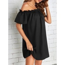 Yeşil Sarmaşık Kadın Kısa Kollu Fırfır Detay Madonna Yaka Mini Ithal Krep Elbise