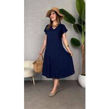 Yeşil Sarmaşık Kadın Kısa Kollu V Yaka Salaş Maxi Boy Elbise