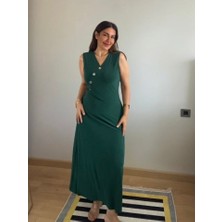 Yeşil Sarmaşık Kadın Kruvaze Yaka Düğme Detay Maxi Boy Elbise