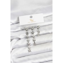 Pazarcan Pirinç Gümüş Renk Yıldız Model Ysx Trio Küpe Seti
