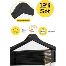 Arch 12 Adet Siyah Ahşap Görünümlü Plastik Askı Kıyafet Elbise Gömlek Askısı Gold Kancalı