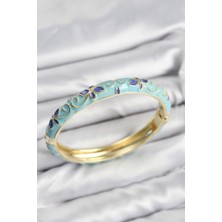 Pazarcan Mineli Pirinç Turkuaz Çiçek Motifli Gold Kadın Kelepçe