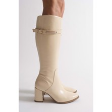 Analin Shoes Kadın Hakiki Deri Altın Toka Detaylı Şık Topuklu Çizme - Bej Rugan