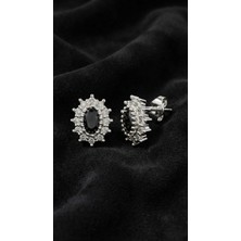 Roza Silver Oniks Taşlı Rodyum Oval Anturaj Minimal Çivili Gümüş Küpe