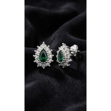 Roza Silver Zümrüt Taşlı Rodyum Damla Anturaj Minimal Çivili Gümüş Küpe