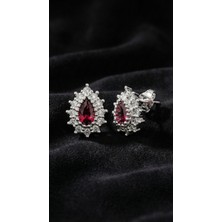 Roza Silver Yakut Taşlı Rodyum Damla Anturaj Minimal Çivili Gümüş Küpe