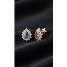 Roza Silver Safir Taşlı Rose Damla Anturaj Minimal Çivili Gümüş Küpe