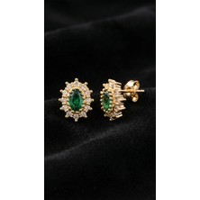 Roza Silver Zümrüt Taşlı Gold Oval Anturaj Minimal Çivili Gümüş Küpe