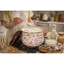 Ebruli Emaye Lila Vintage Çiçek Emaye Tencere 3,75 Litre 22 cm Çap Süt Yoğurt Güveç Tenceresi