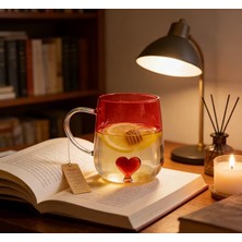 Cuppera Kırmızı Kalp Desenli Borosilikat Cam Bardak