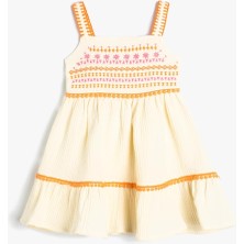 Braventa Collection Askılı Elbise Müslin Kumaş Işleme Detaylı Katlı Pamuklu