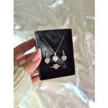 eklektis Pembe Kalp Taşlı Kolye Küpe Yüzük Şık Kadın Takı Seti
