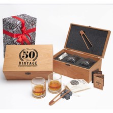 Braventa Collection 50 Yaş Tasarımlı Ahşap Kutulu 2'li Glasgow Viski Kadeh Seti + 6 Soğutucu Taş