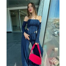 AURA 7 Collection Kadın Giyim Ters Dikişli Düşük Omuz Lacivert Pantolonlu Takım