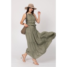 AURA 7 Collection Kadın Giyim Boyndan Bağlamalı ve Gipeli Bluz Etek Takım