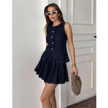 AURA 7 Collection Kadın Giyim Kontrast Dikiş Detaylı Kot Yelek Etek Takım