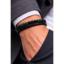 Herşey Nota Emerald Core – Yeşil & Siyah Doğal Taşlı Örgü Deri Erkek BILEKLIK-50-679