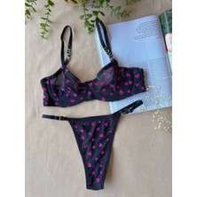 Arona Kadın Love Serisi Kalpli Brode Işlemeli Sütyen Takımı Siyah