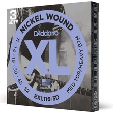 Braventa Collection D'addario EXL116 Nikel Sargı Elektrikli Gitar Teli, Orta Üst/ağır Alt, 11-52, 3 Set (EXL116-3D)