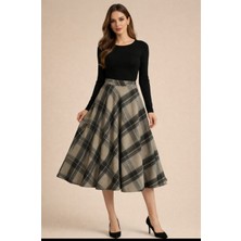 Ebrita Moda Kadın Kareli Midi Boy Kloş Etek - Yüksek Bel