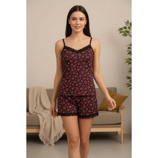 Kadın Mor Kalp Desenli Askılı Şortlu Dantelli Pijama Takımı