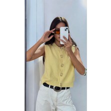 Azimut Giyim Kadın Gold Düğmeli Sıfır Kol Sarı Triko Yelek