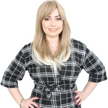 Aesco Düz Perçemli Orta Boy Fiber Sentetik Peruk / Karamel / Platin Röfleli