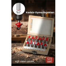 Findit Profesyonel 12'li Ahşap Freze Ucu Seti 8mm Şaft | Rulmanlı Karbür Oyma Bıçakları Ahşap Kutulu