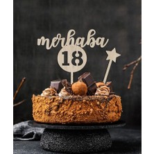 Güven Ahşap Lazer Kesim Merhaba 18 Pasta Süsü Çubuk Yıldız 2 Parça Topper