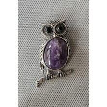 Pozitif Doğal Taş Baykuş Motifi Ametist Broş - Kolye BR10-8
