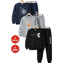 Fyk Kids 3 Iplik Kışlık Yuvarlak Yaka Baskı Detaylı Şardonlu 6 Parça Erkek Çocuk Eşofman Takımı