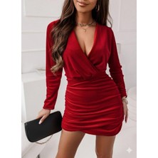 Mareandpanda Kadın Uzun Kollu Kruvaze Yaka Yandan Büzgülü Mini Ithal Krep Elbise