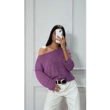 Azimut Giyim Kadın Kayık Yaka Ince Triko Kazak Mor