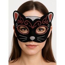 E-Woman Kadife Dokulu Sim Detaylı Işıltılı Kedi Maskesi Kırmızı Gümüş 20X13 cm - Lisinya