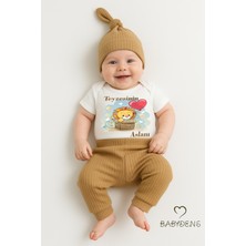 Babyden's Teyzesinin Aslanı 3’lü Bebek Takımı %100 Pamuk Fitilli Kumaş Kısa Kollu Zıbın, Manşetlialt, Bere Set