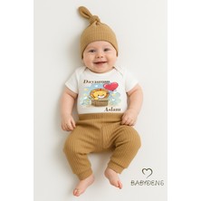 Babyden's Dayısının Aslanı Yazılı 3'lü Bebek Takımı - Çıtçıtlı Body, Ribana Şapka ve Pantolon - %100 Pamuk Set