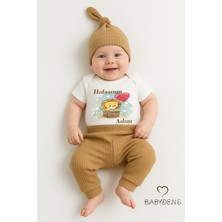 Babyden's Halasının Aslanı Baskılı 3’lü Bebek Takımı Pamuklu Fitilli Kumaş Şapka,manşetli  Alt ,kısa Kollu Zıbın