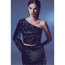 Alpaco Payetli Tek Kol/tek Omuz Açık Crop Bluz