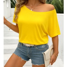 Alpaco Kadın Tek Omuzu Açık Kısa Kollu Salaş Viskon Bluz