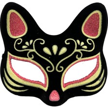 E-Woman Siyah Renk Süet Kaplama Üzeri Kırmızı Sarı Simli Kedi Maskesi 17X14 cm - Lisinya