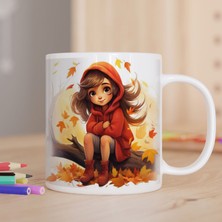 Asilmeydan Sonbaharda Yaprakların Arasında Oturan Güzel Kız Baskılı Hediyelik Kupa Bardak