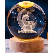 TrentCo Dekoratif Ay Içinde Unicorn Tasarımlı Ahşap Altlıklı Işıklı Cam Küre Cam:8cm Ahşap:2cm Büyük Boy - Lisinya