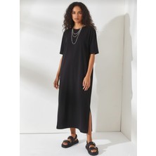 Alpaco Kısa Kollu Bisiklet Yaka Yırtmaçlı %100 Pamuk Elbise