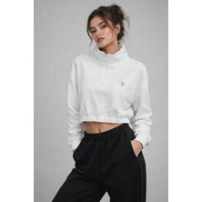 Rich Kadın Ekru Crop Sweatshirt Scuba Kumaşı