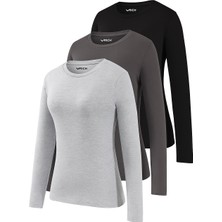 Rich Kadın Gri Melanj-Füme-Siyah 3'lü Paket Bisiklet Yaka Uzun Kollu Body