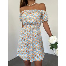 Moda Madonna Yaka Çiçek Desenli Krinkıl Mini Elbise - Turkuaz