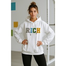 Kadın Ekru Renkli Rich Yazılı Kapüşonlu Sweatshirt