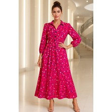 Rich Kadın Beyaz Fuşya Uzun Kollu Renkli Desenli Boydan Düğmeli Maxi Elbise