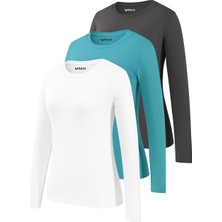 Rich Kadın Füme-Turkuaz-Beyaz 3'lü Paket Bisiklet Yaka Uzun Kollu Body